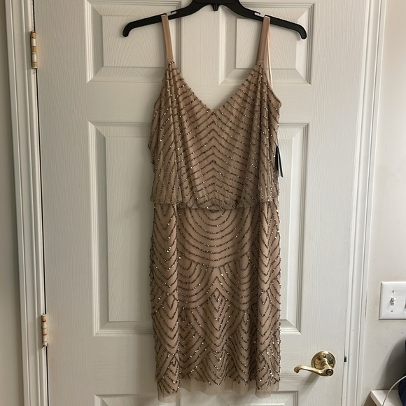 NWT Adrianna Papell Size 16W Taupe & Pink beaded flapper style Cocktail Dress - Picture 5 of 13